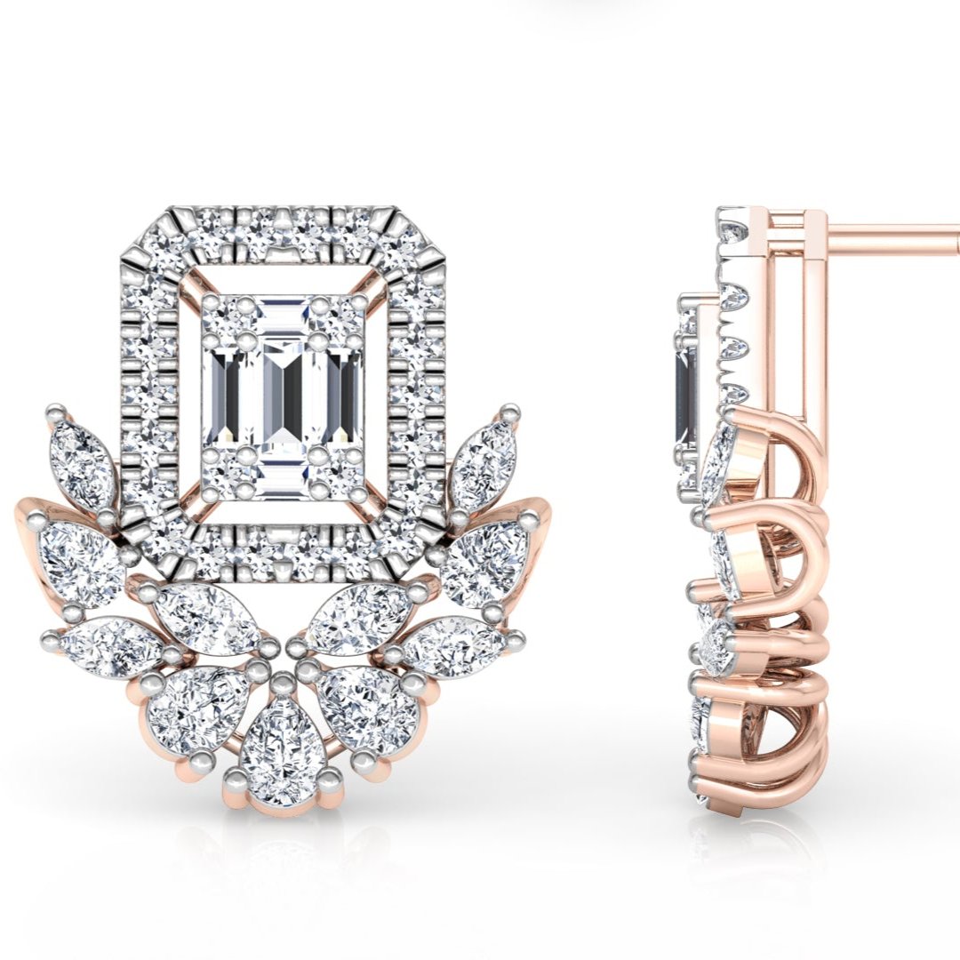 Close-up of two Liliana Diamond Earrings by Niraa with a geometric design, featuring a rectangular center stone in rose gold and delicate leaf-shaped diamond clusters. Side view shows a secure post backing for easy wear.