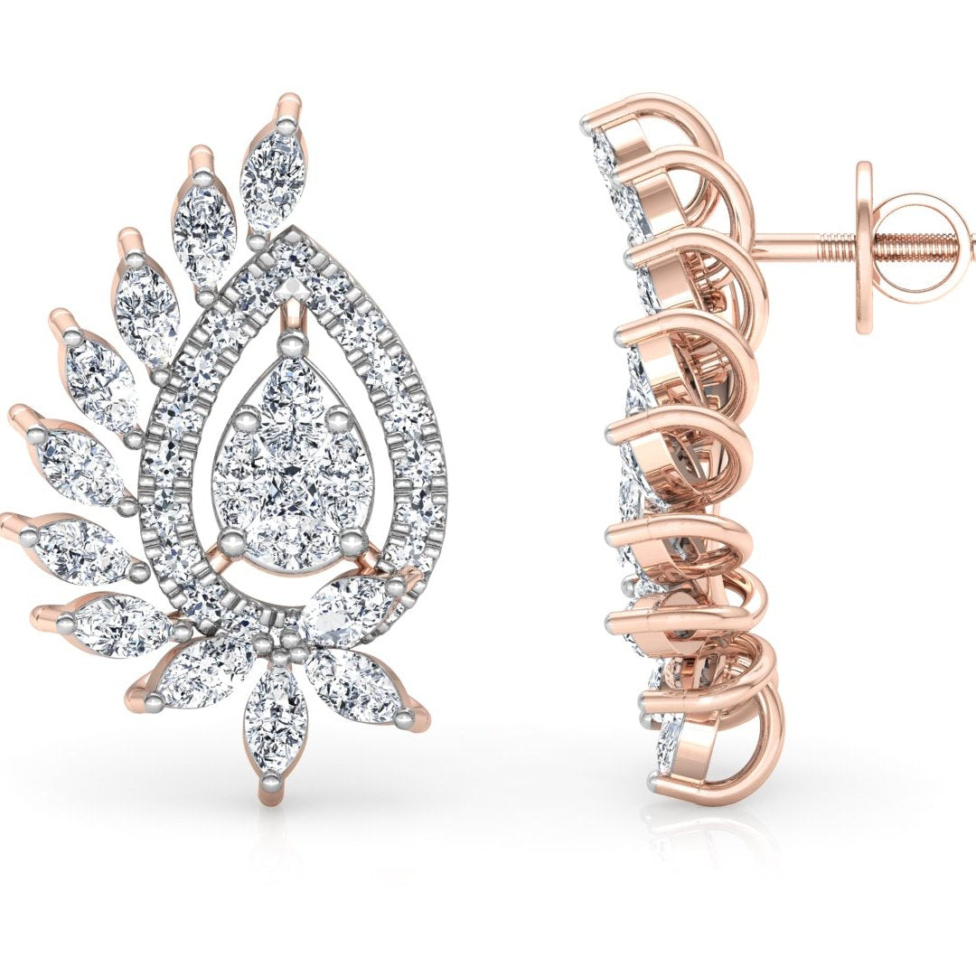Niraas Jade Diamond Earring features elegant teardrop shapes with sparkling white stones set in rose gold. The floral motif, petal accents, and secure screw back closure add sophistication and charm.