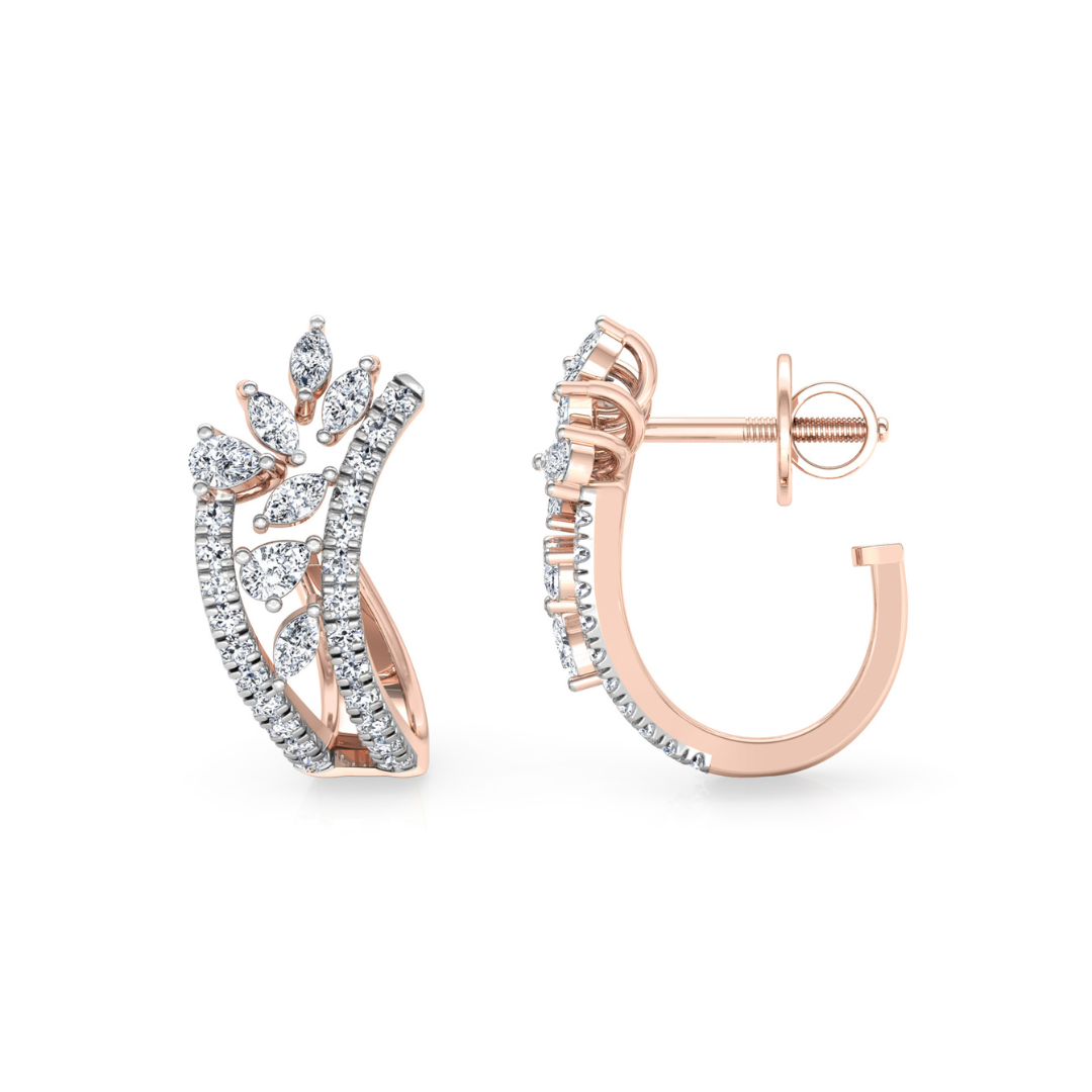The Adalynn Diamond Earrings by Niraa showcase intricate rose gold craftsmanship, featuring marquise and round cut stones in a floral design. One earring is shown frontally, the other from the side.