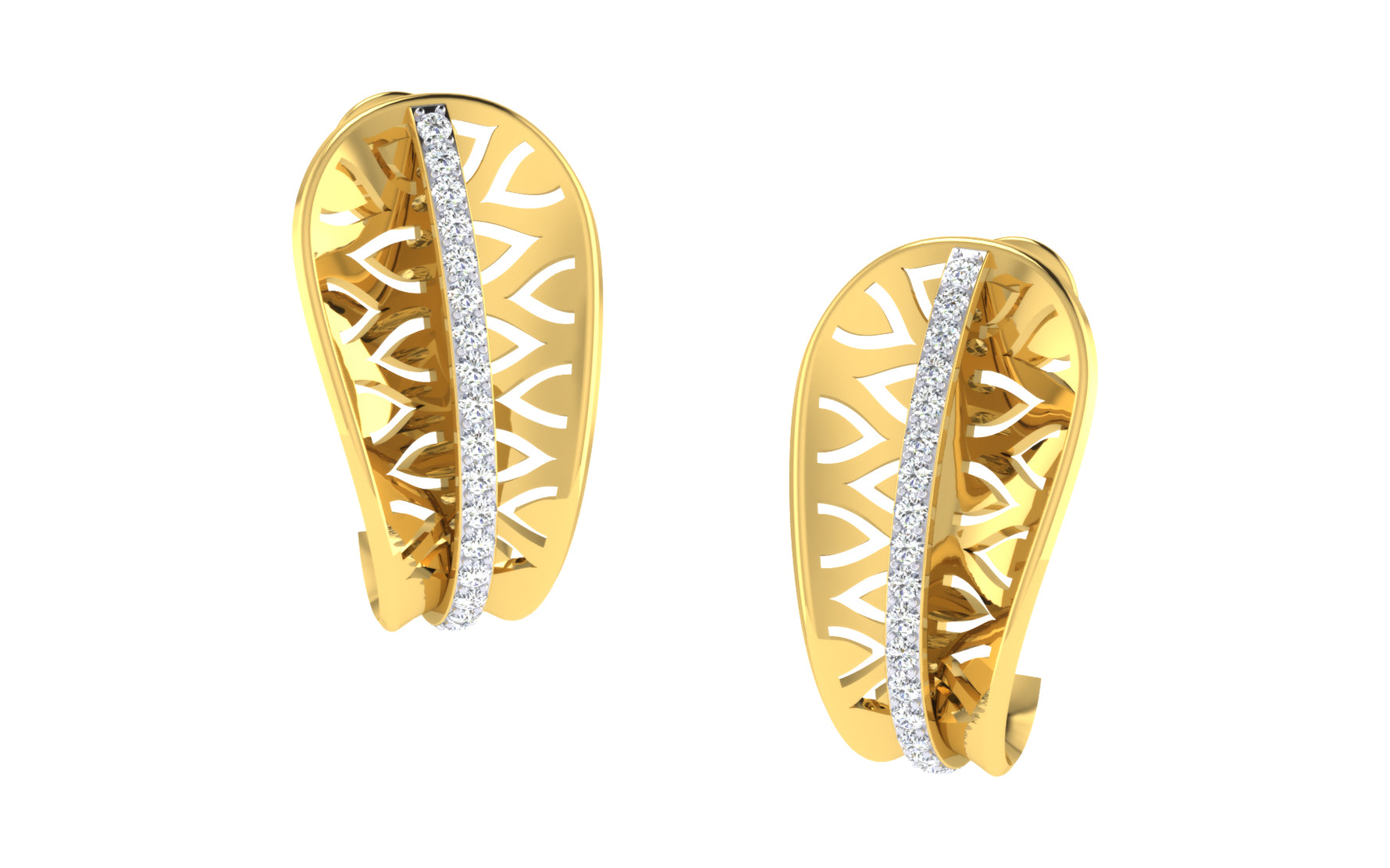 Experience luxury with the Isabelle Diamond Earring by Niraa. These gold earrings showcase intricate leaf patterns and a row of small diamonds elegantly embedded along the center, boasting a sleek, elongated design with a polished finish for refined elegance.