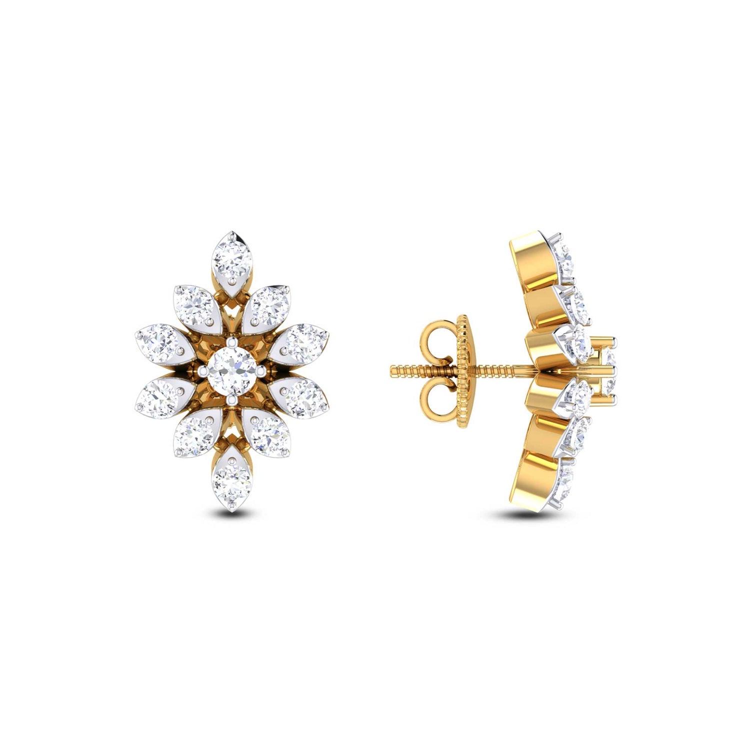 The Clara Diamond Earring by Niraa showcases a luxurious floral pattern. These elegant gold earrings are adorned with clusters of sparkling, marquise-cut diamonds and feature intricate layered petals for a sophisticated and opulent look.