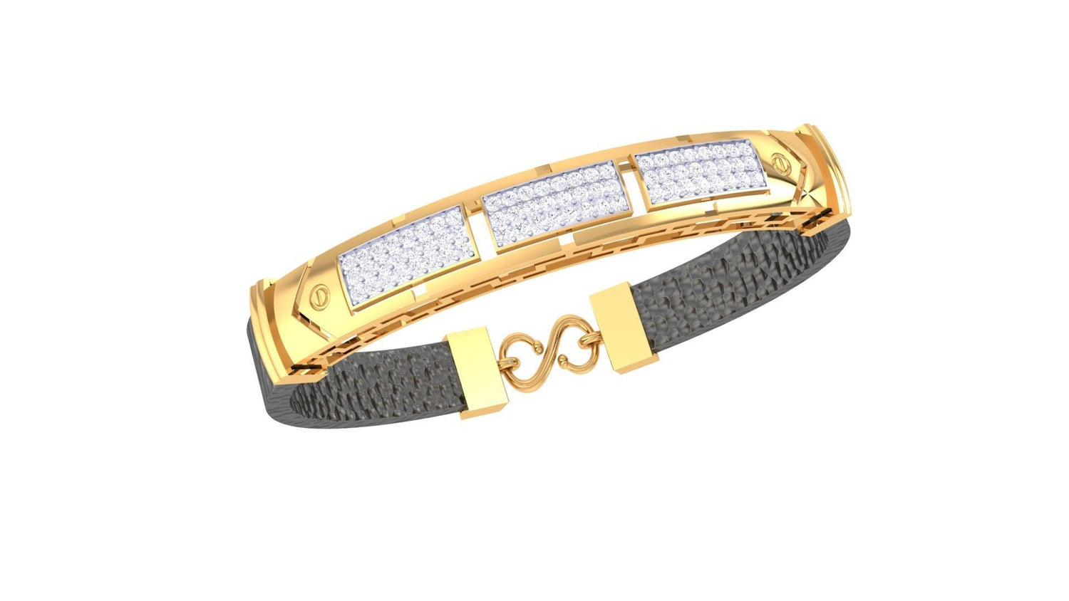 The Joyce Diamond Bracelet by Niraa features a chic rose gold metal band with rectangular segments encrusted with dazzling white stones, a textured dark band, and a sophisticated intertwined loop clasp, perfect for effortlessly elevating your style.