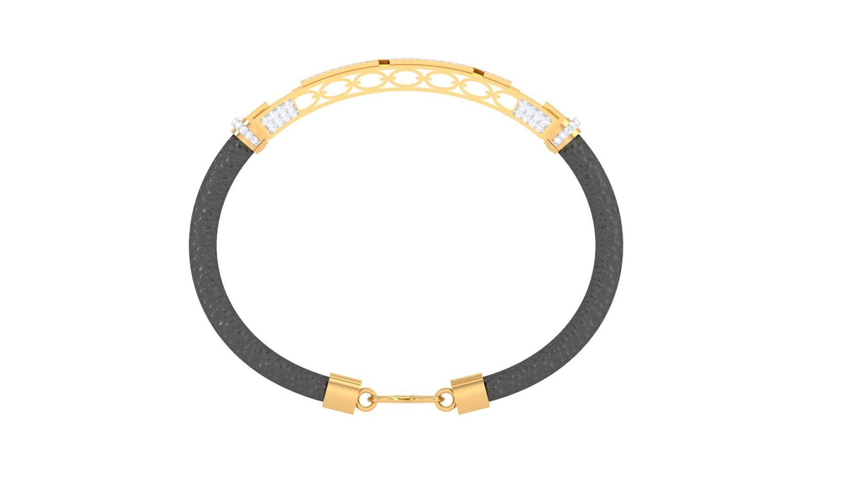 The Annabel Diamond Bracelet by Niraa features a black band with a gold and silver rectangular plate adorned with geometric cutouts and sparkling stones. It is elegantly completed with a secure gold clasp, combining style and sophistication.