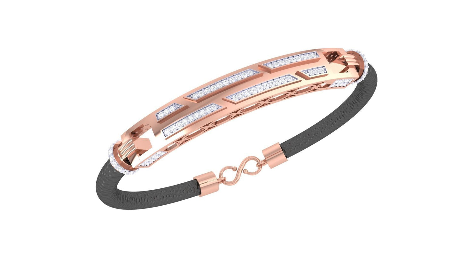 The Annabel Diamond Bracelet by Niraa features a black band with a gold and silver rectangular plate adorned with geometric cutouts and sparkling stones. It is elegantly completed with a secure gold clasp, combining style and sophistication.