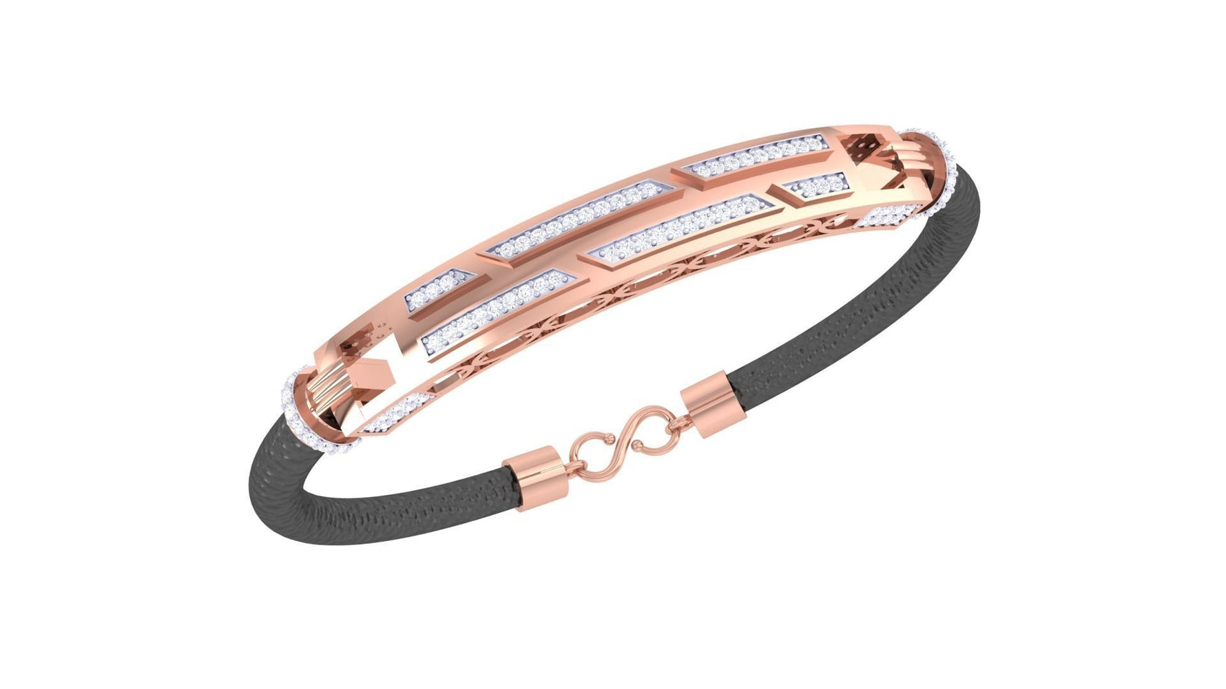 The Annabel Diamond Bracelet by Niraa features a black band with a gold and silver rectangular plate adorned with geometric cutouts and sparkling stones. It is elegantly completed with a secure gold clasp, combining style and sophistication.