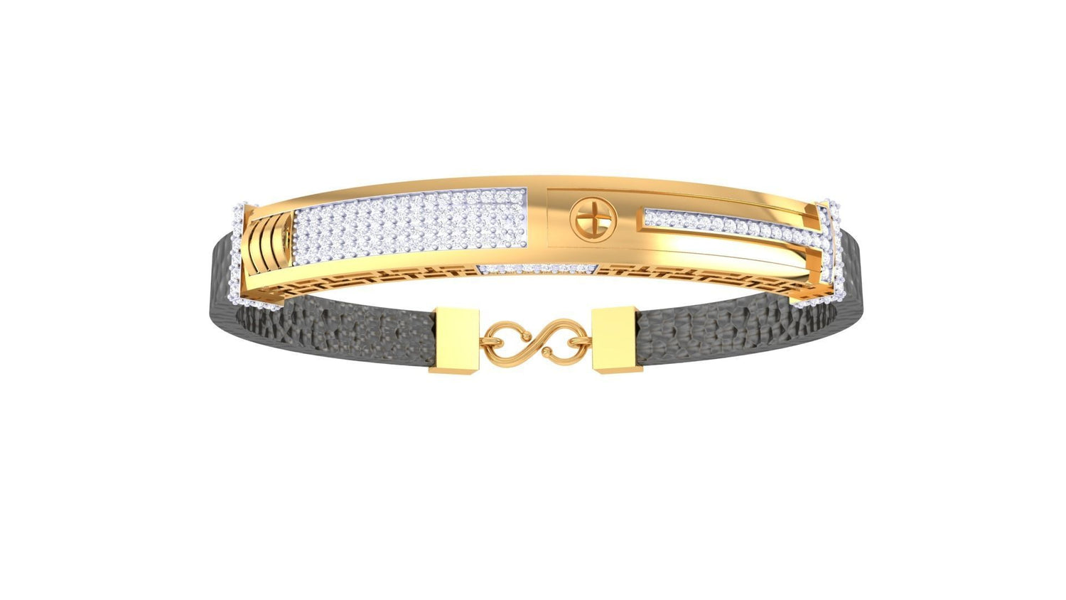The Kenley Diamond Bracelet by Niraa showcases a rose gold centerpiece accented with white gemstones and a textured dark band, finished with an intricately designed infinity symbol clasp, epitomizing elegance and style.