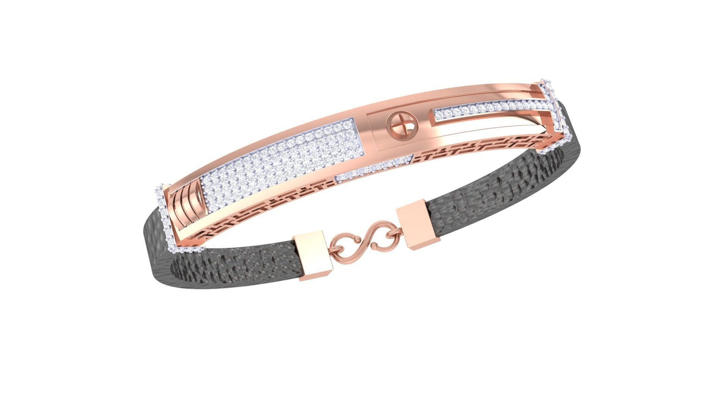 The Kenley Diamond Bracelet by Niraa showcases a rose gold centerpiece accented with white gemstones and a textured dark band, finished with an intricately designed infinity symbol clasp, epitomizing elegance and style.