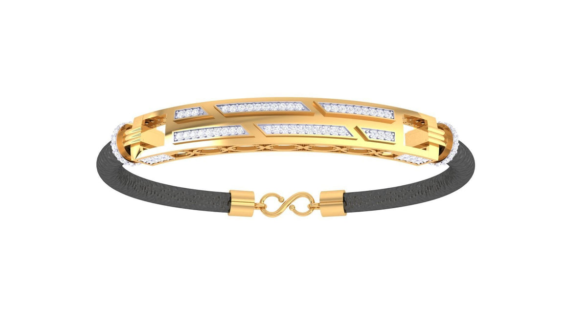 The Annabel Diamond Bracelet by Niraa features a black band with a gold and silver rectangular plate adorned with geometric cutouts and sparkling stones. It is elegantly completed with a secure gold clasp, combining style and sophistication.