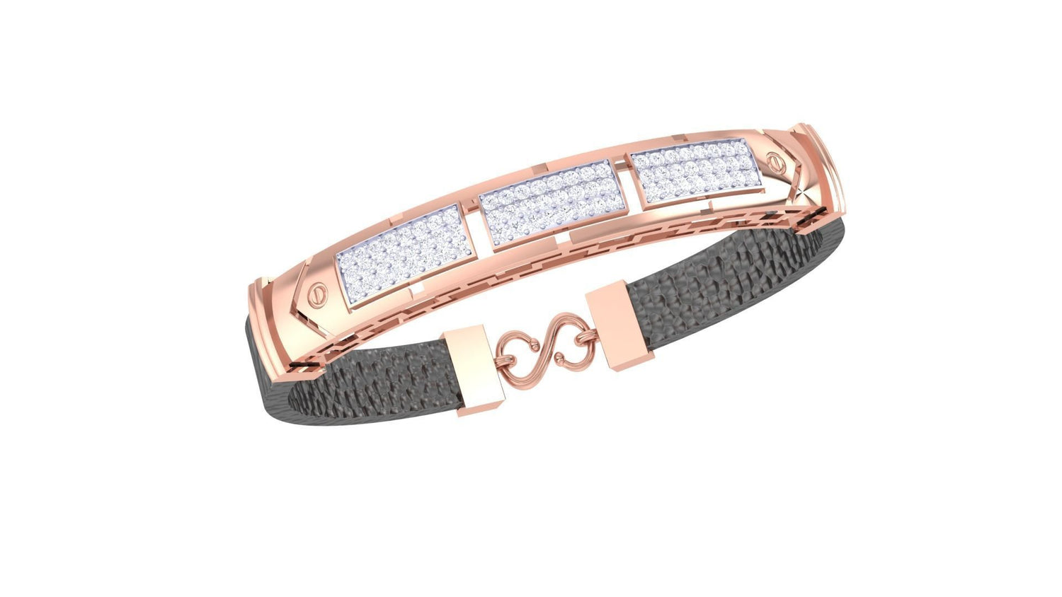 The Joyce Diamond Bracelet by Niraa features a chic rose gold metal band with rectangular segments encrusted with dazzling white stones, a textured dark band, and a sophisticated intertwined loop clasp, perfect for effortlessly elevating your style.