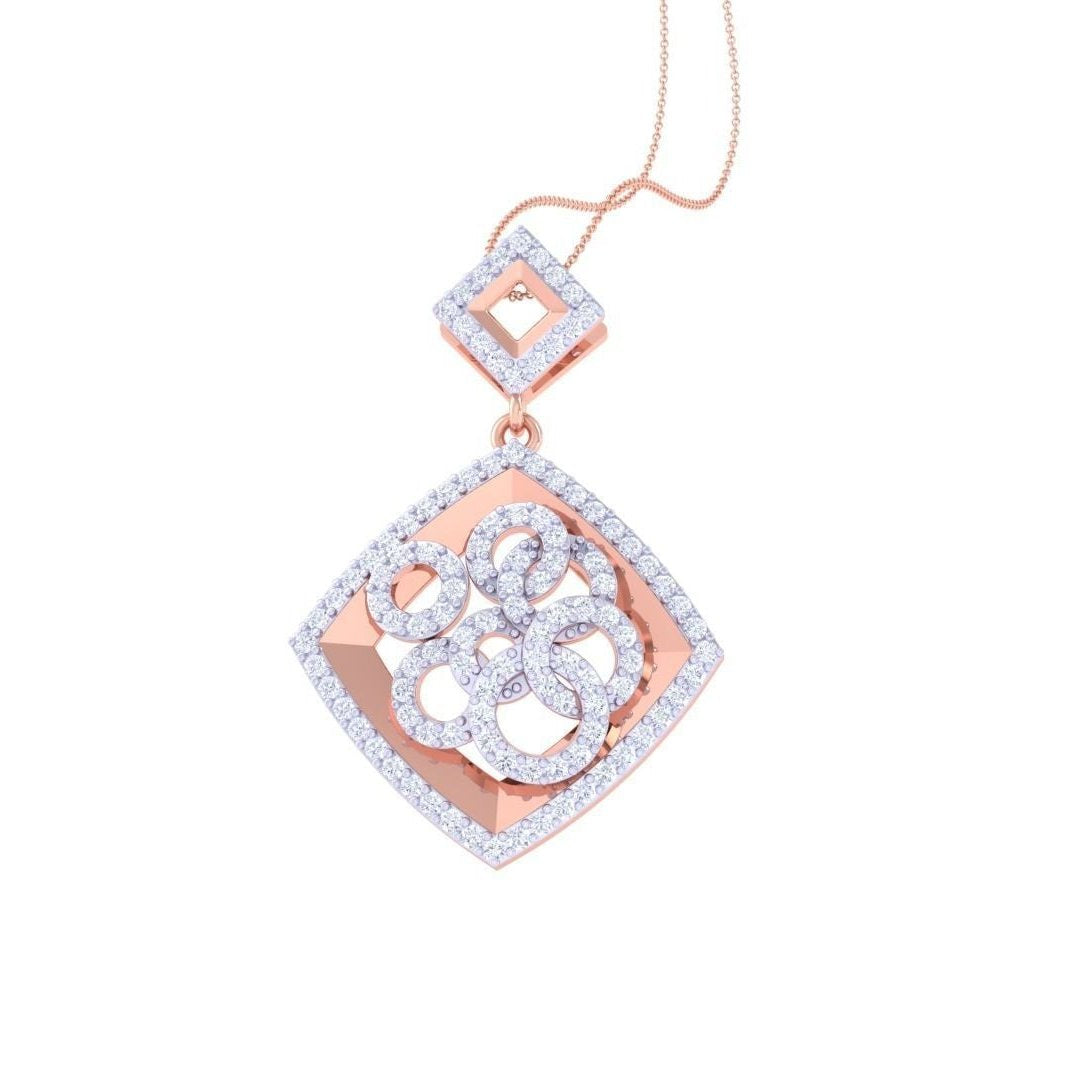 The Scarlett Diamond Pendant Set by Niraa includes a pendant and earrings, each diamond-shaped with intricate swirls, embellished with clear gemstones and rose gold accents for an elegant shimmer.