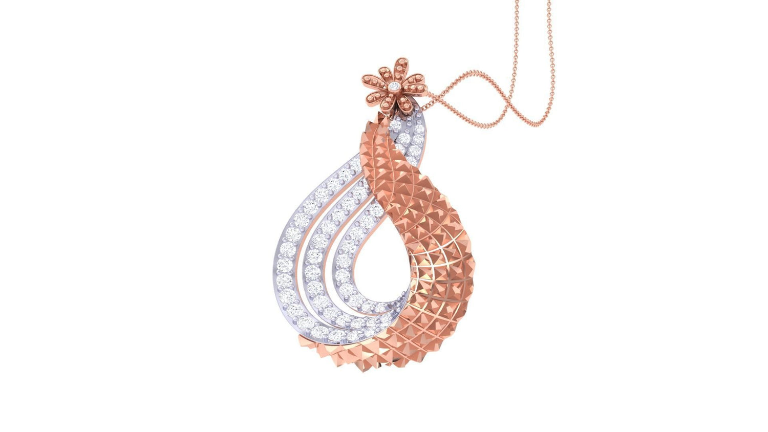 The Zoe Diamond Pendant Set by Niraa features a captivating teardrop-shaped pendant and matching earrings with a rose gold lattice and silver, diamond-encrusted sections, adorned with delicate flower accents for elegance and charm.
