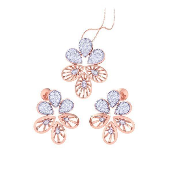 The Addison Diamond Pendant Set by Niraa includes a floral design of a pendant and earrings. Each piece features rose gold petals with small diamonds for a sparkling look. The pendant comes on a fine chain, making it perfect for any special occasion.