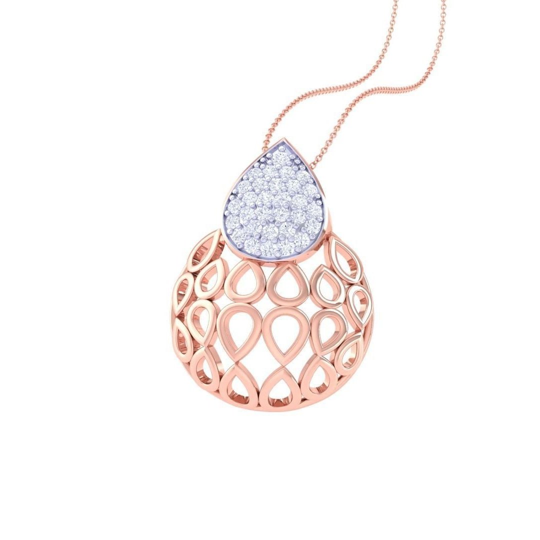The Amelia Diamond Pendant Set by Niraa features a stunning rose gold openwork design with teardrop-shaped sections encrusted in small white crystals. This elegant set, including a necklace and matching earrings, mirrors each others intricate patterns for a timeless touch of sophistication.