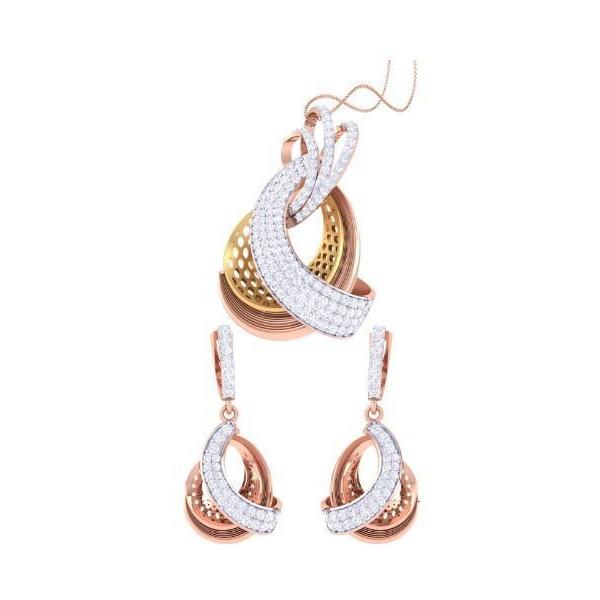 The Meredith Diamond Pendant Set by Niraa includes a pendant and matching earrings, featuring rose gold intertwined with gold designs. Embellished with white stones or crystals, these pieces showcase an elegant and intricate pattern thats truly captivating.