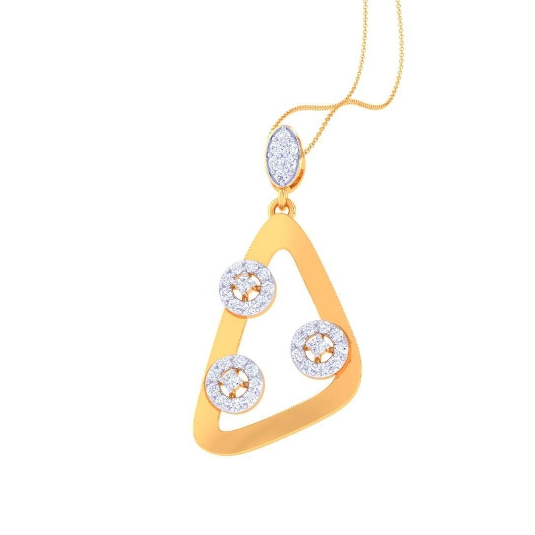 The Emily Diamond Pendant Set from Niraa includes a necklace and earrings with triangular rose gold frames and small circular, sparkling stones, offering a modern, elegant design.
