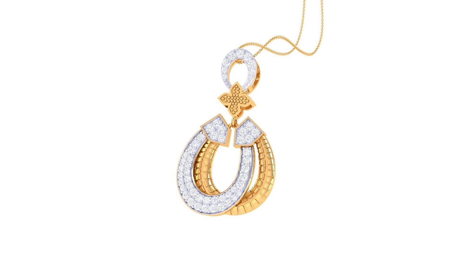 The Tabitha Diamond Pendant Set by Niraa features a stunning jewelry set with a horseshoe design, showcasing shimmering white stones and elegant rose gold accents on a pristine background.