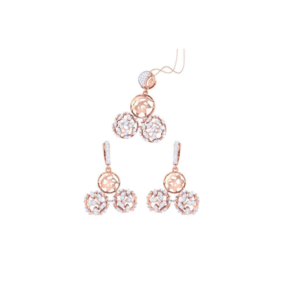 The Hazel Diamond Pendant Set by Niraa features a necklace and matching earrings in rose gold. Intricate circular patterns with sparkling white accents create an elegant, sophisticated look against a pristine white backdrop.