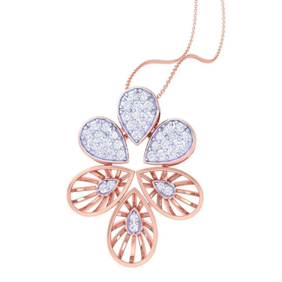 The Addison Diamond Pendant Set by Niraa includes a floral design of a pendant and earrings. Each piece features rose gold petals with small diamonds for a sparkling look. The pendant comes on a fine chain, making it perfect for any special occasion.