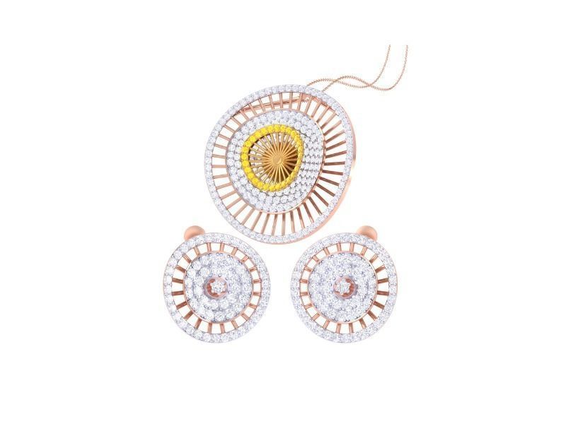 The Niraa Rosalind Diamond Pendant Set features a round pendant and matching earrings, each with a central gold element surrounded by intricate rose gold and silver lattice designs adorned with sparkling stones. The pendant hangs elegantly on a thin chain, adding timeless sophistication.