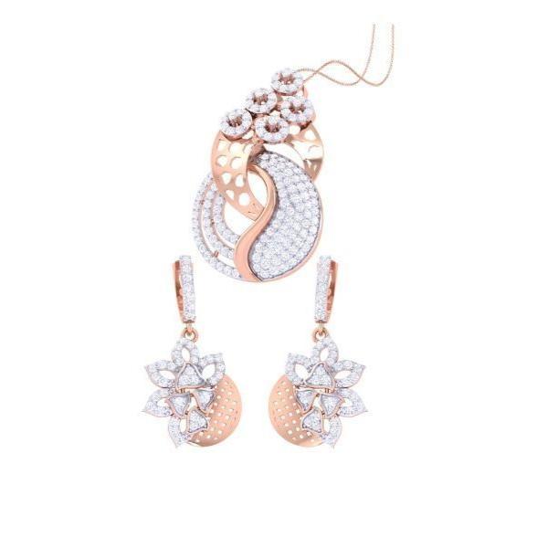 The Ellie Diamond Pendant Set by Niraa includes rose gold and silver jewelry featuring a pendant with circular and floral designs adorned with small gems, plus matching earrings featuring a star-like floral motif with sparkling stones.
