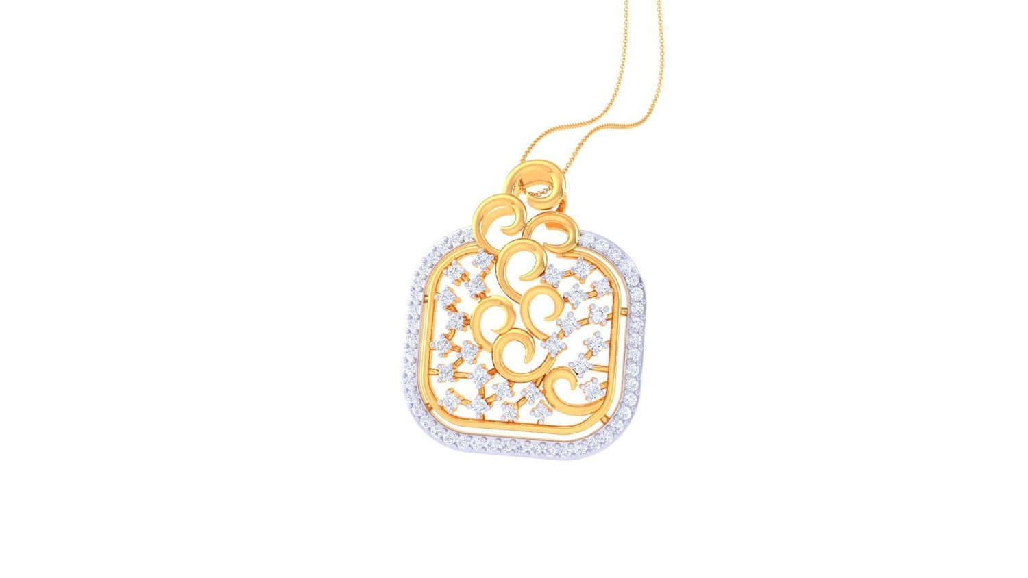 The Virginia Diamond Pendant Set by Niraa features a rose gold necklace and earring set with intricate swirls, bordered by small clear gemstones. The matching pieces exude an elegant, decorative style perfect for any occasion.