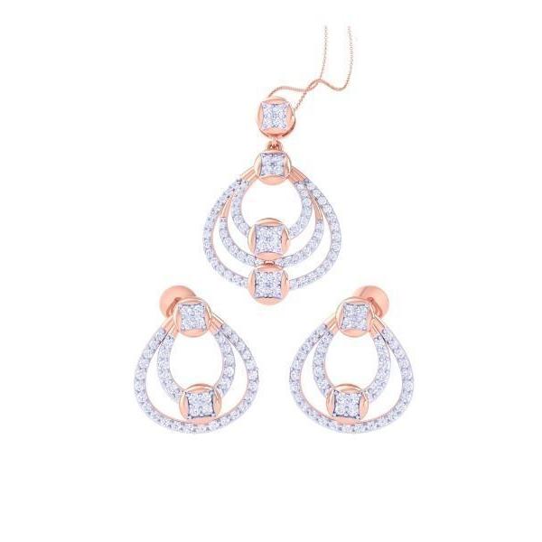 The Lillian Diamond Pendant Set by Niraa features rose gold and diamond accents, including a pendant with three teardrop designs adorned with diamonds, and matching earrings each with a similar teardrop pattern and central square diamond.