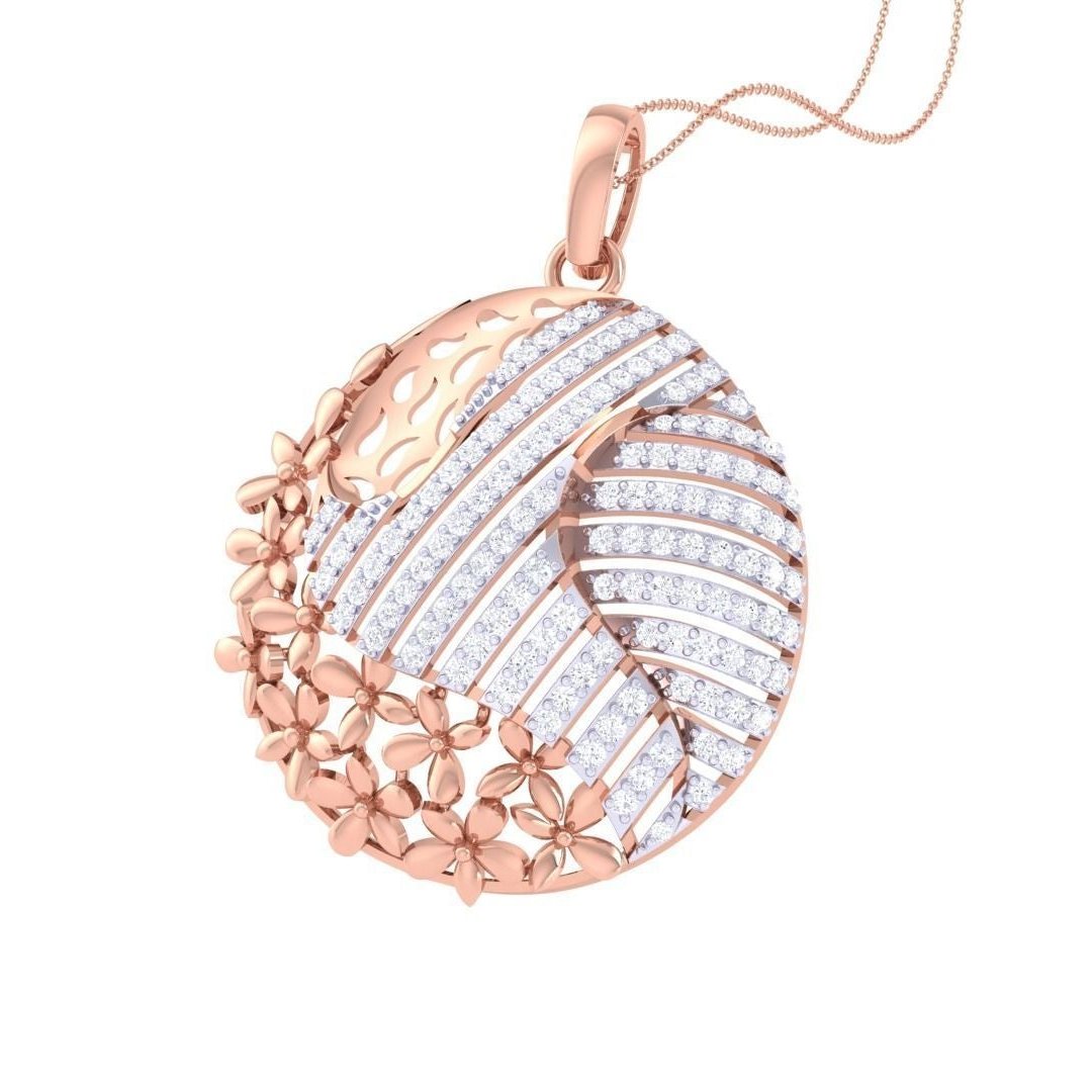 The Odette Diamond Pendant Set by Niraa features a rose gold pendant and matching earrings with intricate white and rose gold designs, adorned with clear crystals. The circular pendant and dangling earrings form an elegant ensemble for any occasion.