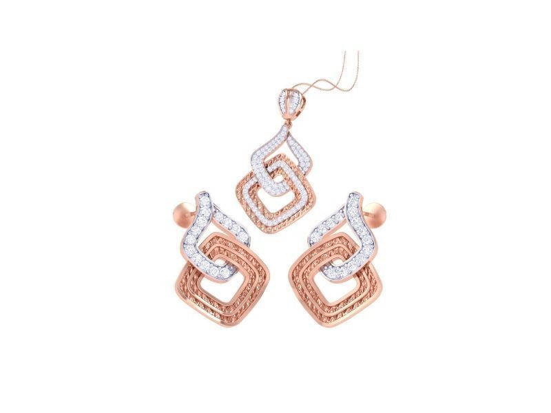 The Seraphina Diamond Pendant Set by Niraa is a stunning rose gold and silver jewelry ensemble featuring a pendant necklace and matching earrings. Its interlocking geometric designs are adorned with small white stones, creating an elegant, modern allure that captivates the eye.