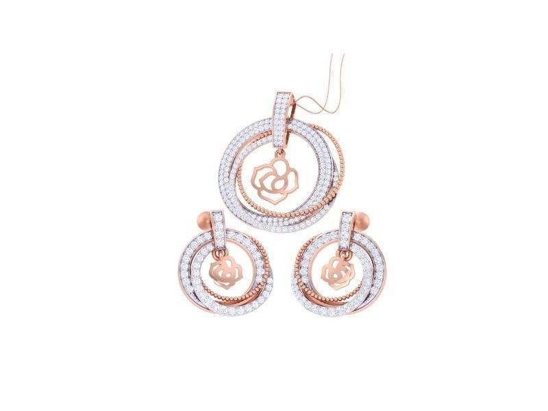 The Niraa Olivia Diamond Pendant Set showcases elegance with its rose gold floral motifs and double circular layers of sparkling clear stones, adding timeless charm and sophistication to any outfit.