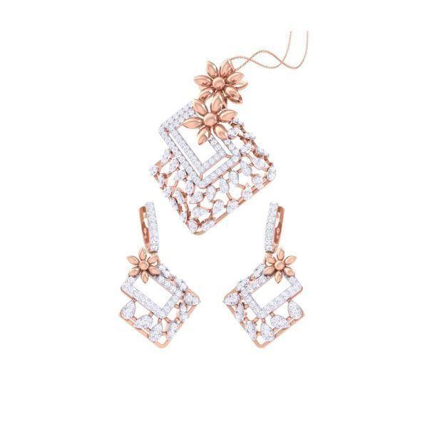 The Niraa Aubrey Diamond Pendant Set includes a stunning necklace and earrings with geometric designs, diamond-like stones, and red-gold floral accents for a cohesive, elegant look.