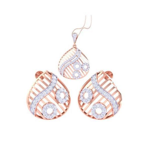 The Camila Diamond Pendant Set by Niraa features a stunning rose gold necklace and earrings, each teardrop-shaped with wavy lines and circular patterns. Adorned with white gemstones, the delicate chain adds elegance.