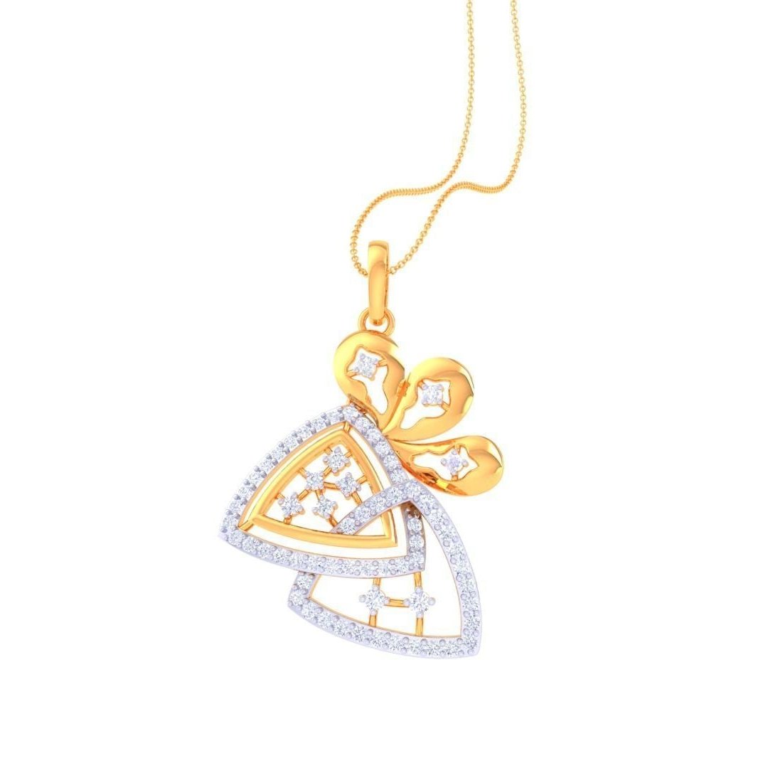 The Hannah Diamond Pendant Set by Niraa includes a rose gold and silver pendant with matching earrings, showcasing triangular shapes with heart motifs. Adorned with small, sparkling stones, the set elegantly blends modern elements with timeless charm.