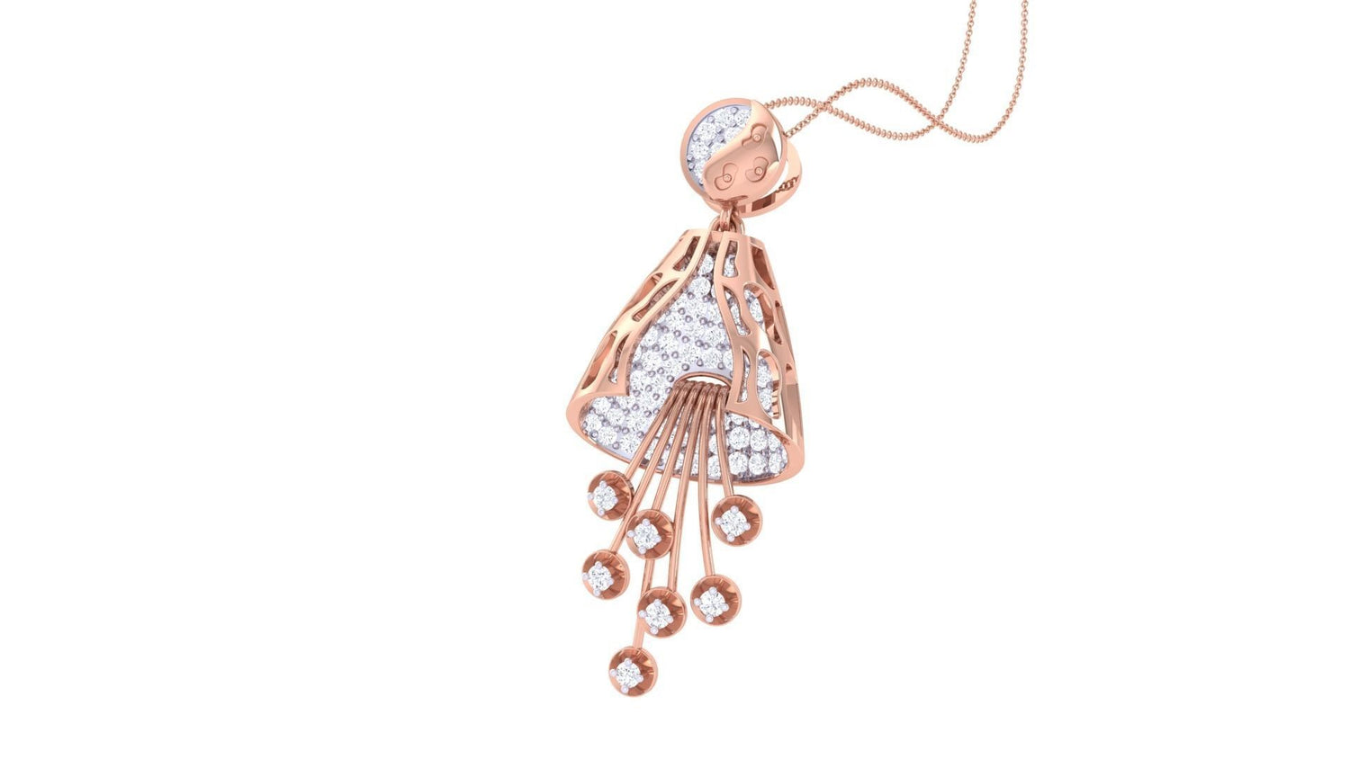 The Niraa Valentina Diamond Pendant Set includes a necklace and earrings with rose gold and diamond accents. The triangular design features dangling strands with circular diamond accents, and the fine chain adds elegance, making it perfect for any occasion.