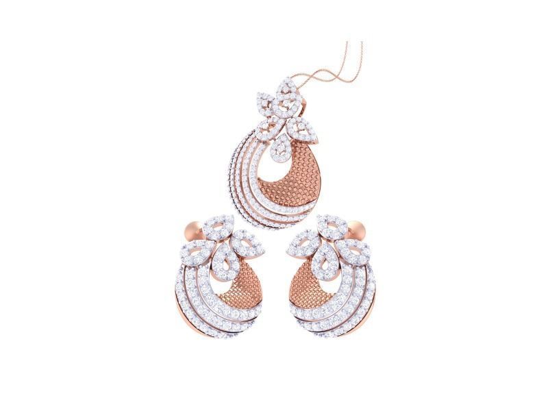 The Octavia Diamond Pendant Set by Niraa showcases an elegant design with rose gold base, featuring a graceful pendant and matching earrings adorned with white gemstones in petal and hoop motifs. The pendant hangs delicately from a fine chain, creating an exquisite ensemble.
