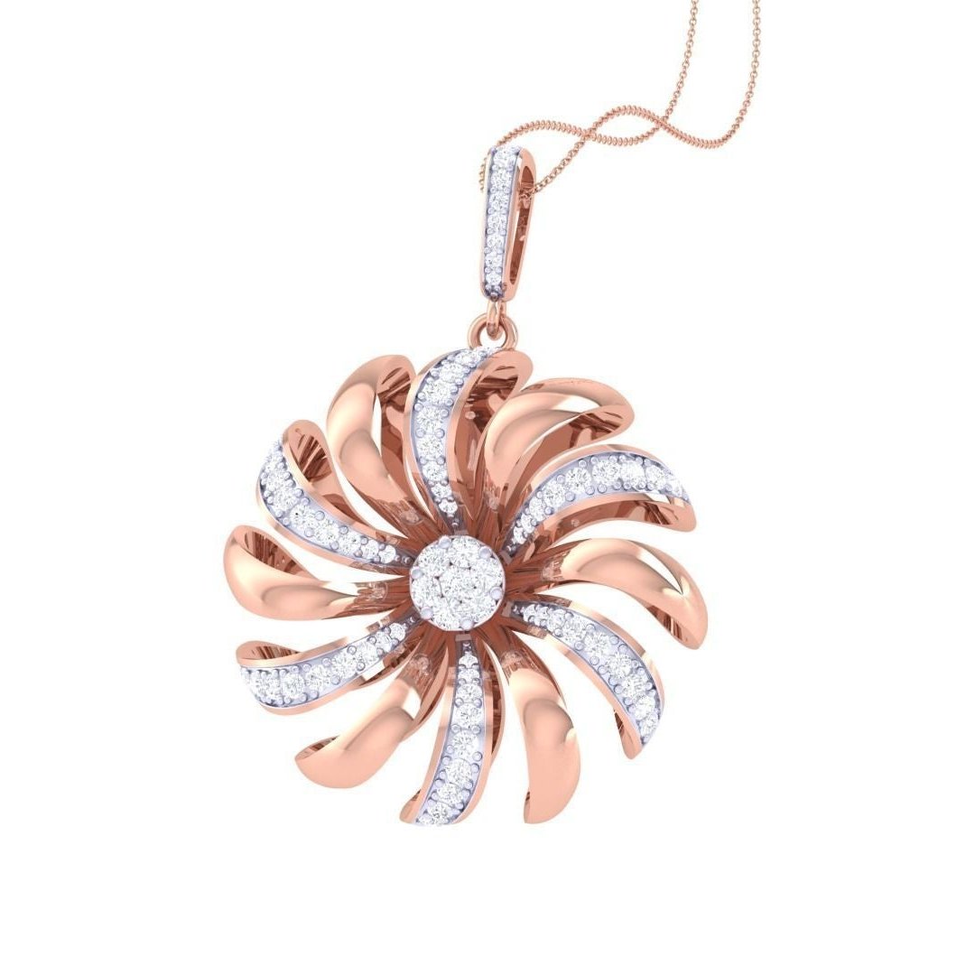 The Sarah Diamond Pendant Set by Niraa captivates with a rose gold and silver necklace and earrings, adorned with flower-like designs. Each piece showcases circular petal arrangements encrusted with shimmering stones around a dazzling gem, perfect for an elegant and charming look.