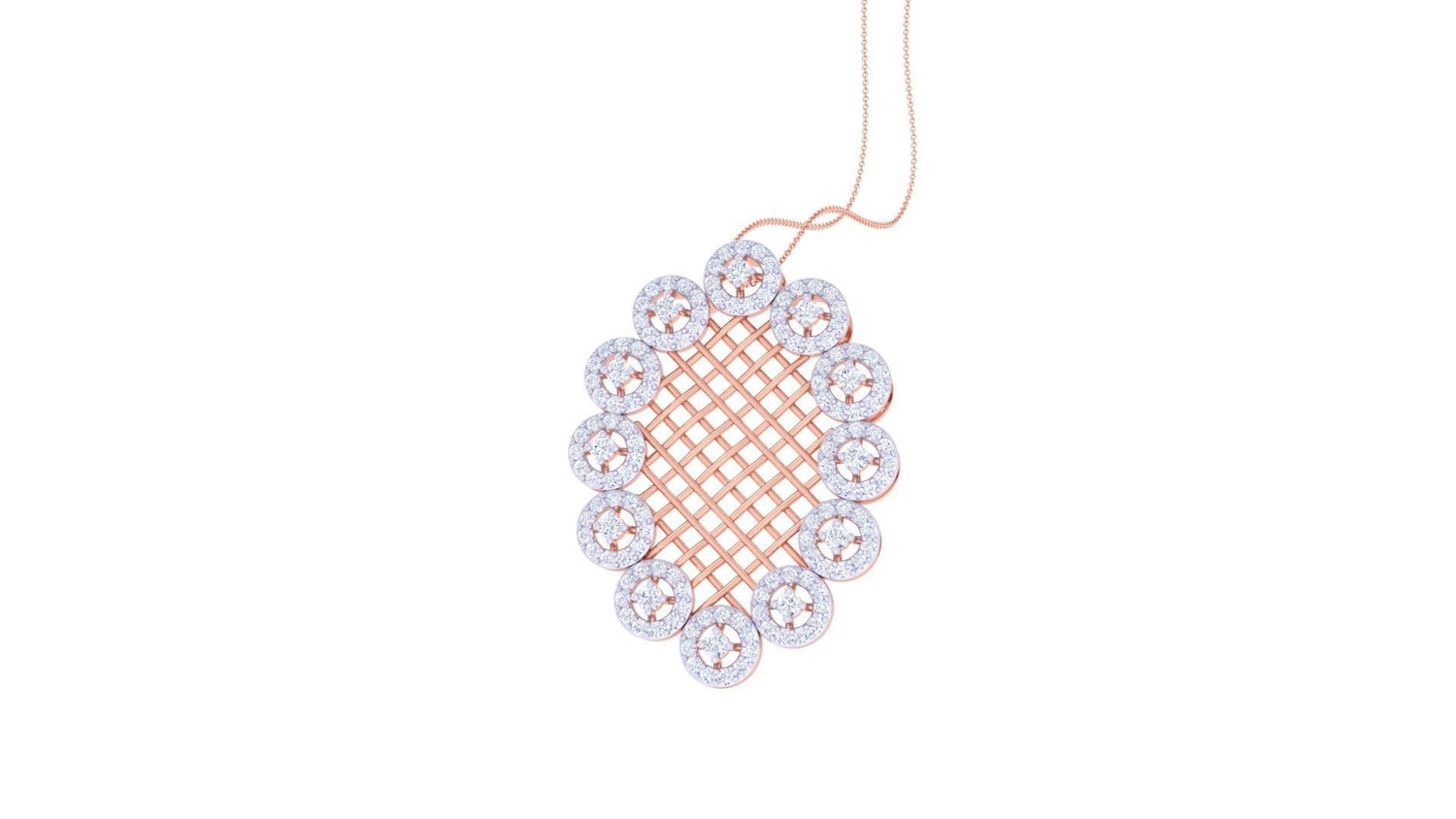 The Violetta Diamond Pendant Set by Niraa, crafted in gleaming rose gold, features a pendant and matching earrings adorned with circular diamond clusters. Each piece is intricately linked with a delicate pattern, embodying timeless elegance and sophistication.