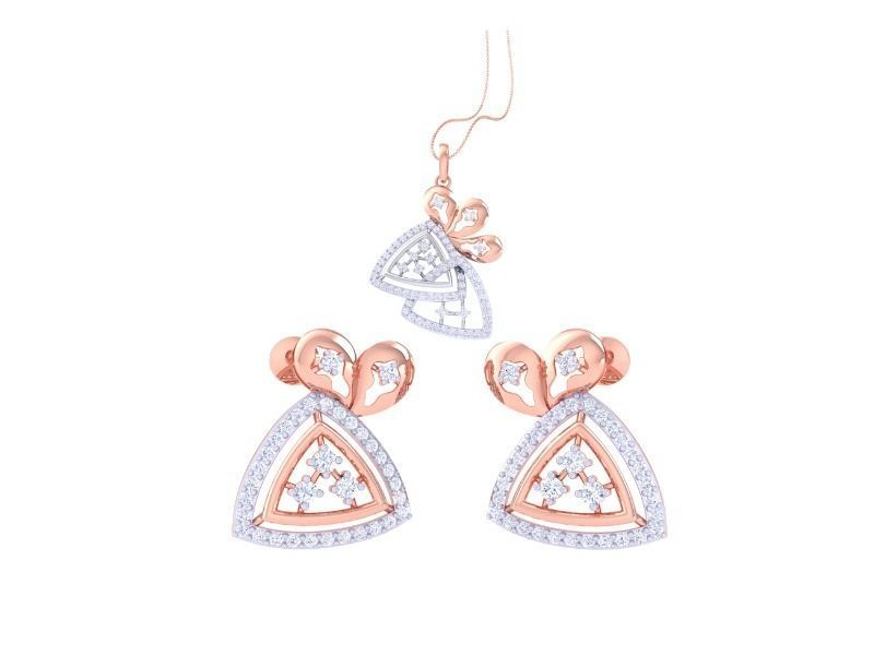 The Hannah Diamond Pendant Set by Niraa includes a rose gold and silver pendant with matching earrings, showcasing triangular shapes with heart motifs. Adorned with small, sparkling stones, the set elegantly blends modern elements with timeless charm.