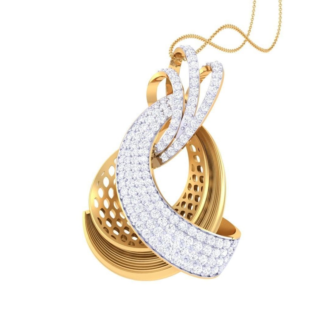 The Meredith Diamond Pendant Set by Niraa includes a pendant and matching earrings, featuring rose gold intertwined with gold designs. Embellished with white stones or crystals, these pieces showcase an elegant and intricate pattern thats truly captivating.