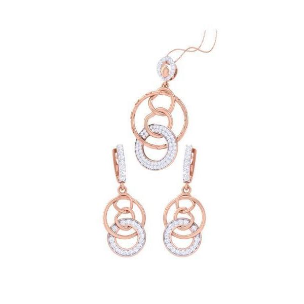 The Rebecca Diamond Pendant Set by Niraa features a rose gold-toned necklace and earring combination with interlocking circles adorned with sparkling white stones, offering an elegant and sophisticated aesthetic. The necklaces chain exudes timeless charm, ideal for elevating your style.