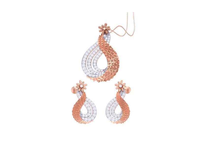 The Zoe Diamond Pendant Set by Niraa features a captivating teardrop-shaped pendant and matching earrings with a rose gold lattice and silver, diamond-encrusted sections, adorned with delicate flower accents for elegance and charm.