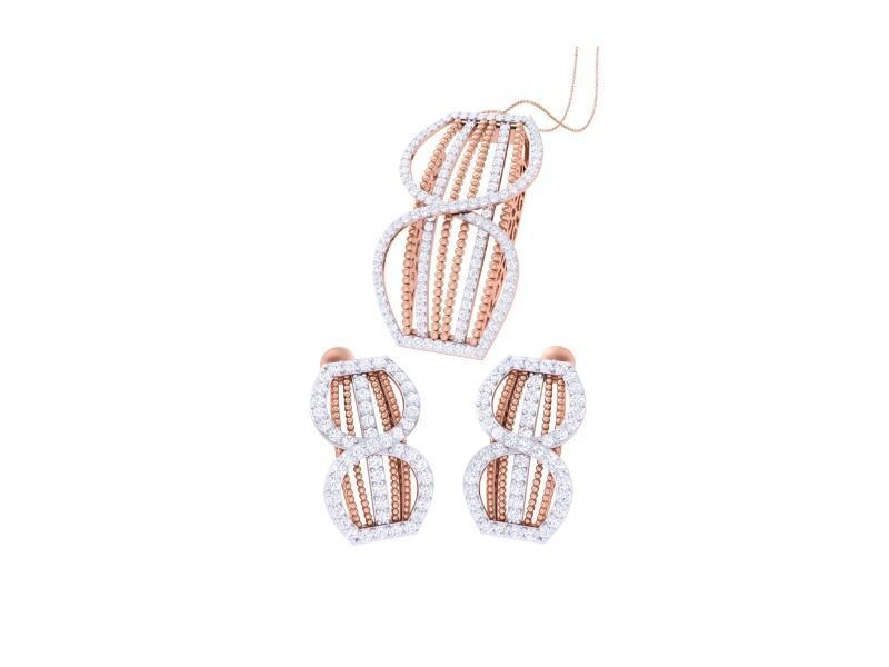 The Penelope Diamond Pendant Set by Niraa features a rose gold and diamond necklace with matching earrings, showcasing intertwined oval shapes adorned with sparkling diamonds for a modern and elegant look.