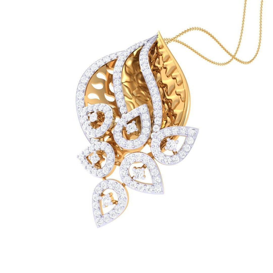 The Silvia Diamond Pendant Set by Niraa features a stunning rose gold jewelry set with intricate leaf designs and sparkling white gems. It includes a necklace and matching earrings, all displayed on a clean white background.