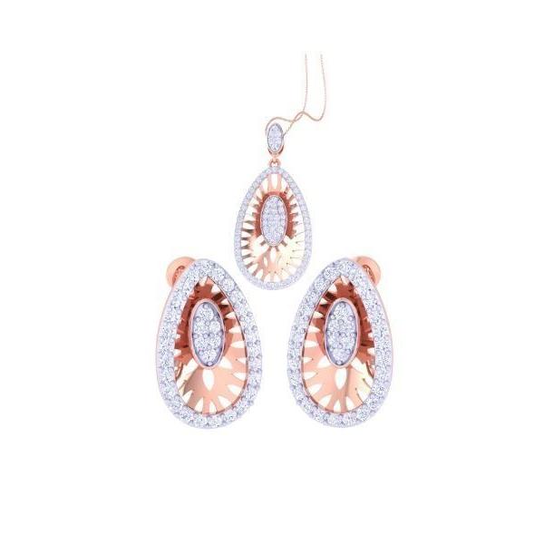 The Emma Diamond Pendant Set by Niraa offers a stunning rose gold and silver jewelry ensemble with a teardrop pendant and matching earrings, featuring an intricate cut-out design encrusted with small, sparkling white stones for a touch of elegance.