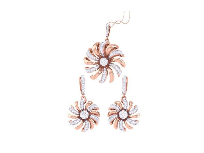 The Sarah Diamond Pendant Set by Niraa captivates with a rose gold and silver necklace and earrings, adorned with flower-like designs. Each piece showcases circular petal arrangements encrusted with shimmering stones around a dazzling gem, perfect for an elegant and charming look.