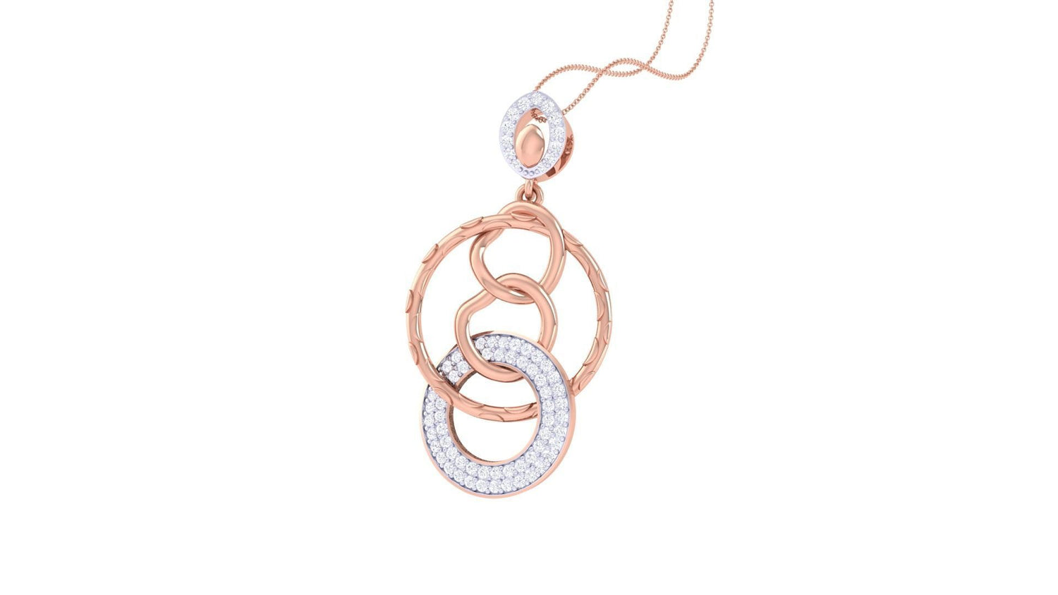 The Rebecca Diamond Pendant Set by Niraa features a rose gold-toned necklace and earring combination with interlocking circles adorned with sparkling white stones, offering an elegant and sophisticated aesthetic. The necklaces chain exudes timeless charm, ideal for elevating your style.