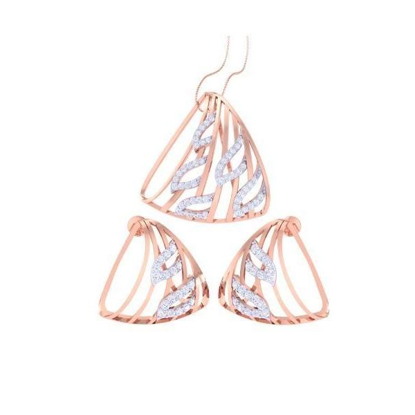 The Mila Diamond Pendant Set by Niraa features a necklace and earrings with matching rose gold triangular cage designs, enhanced with intertwined diamond accents for an elegant shimmer.