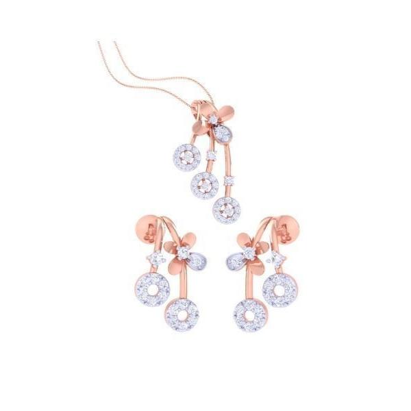 Explore the Niraa Abigail Diamond Pendant Set featuring rose gold accents, with a necklace and matching earrings adorned with clusters of round diamond-studded designs and delicate leaf motifs. This intricately elegant set is a stunning addition to any collection.