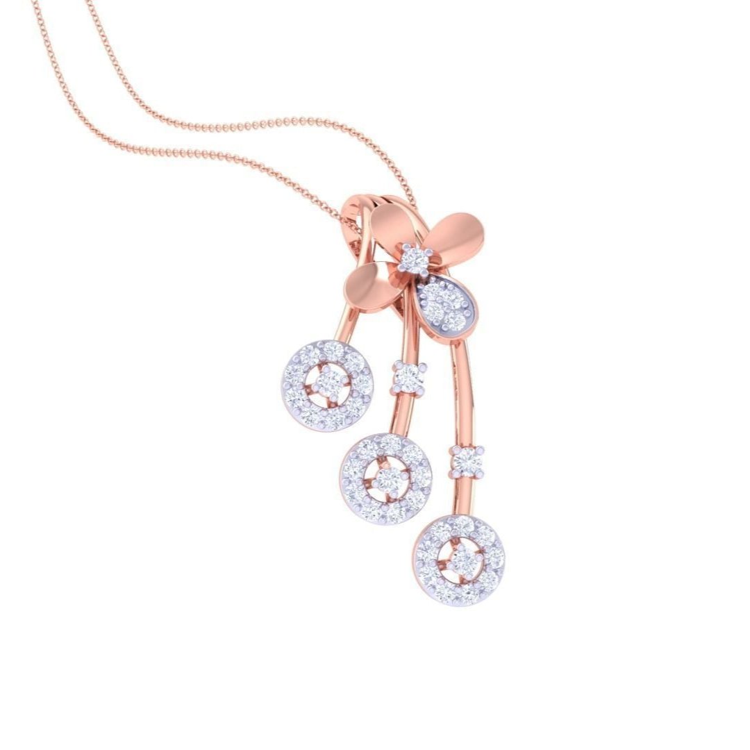 Explore the Niraa Abigail Diamond Pendant Set featuring rose gold accents, with a necklace and matching earrings adorned with clusters of round diamond-studded designs and delicate leaf motifs. This intricately elegant set is a stunning addition to any collection.