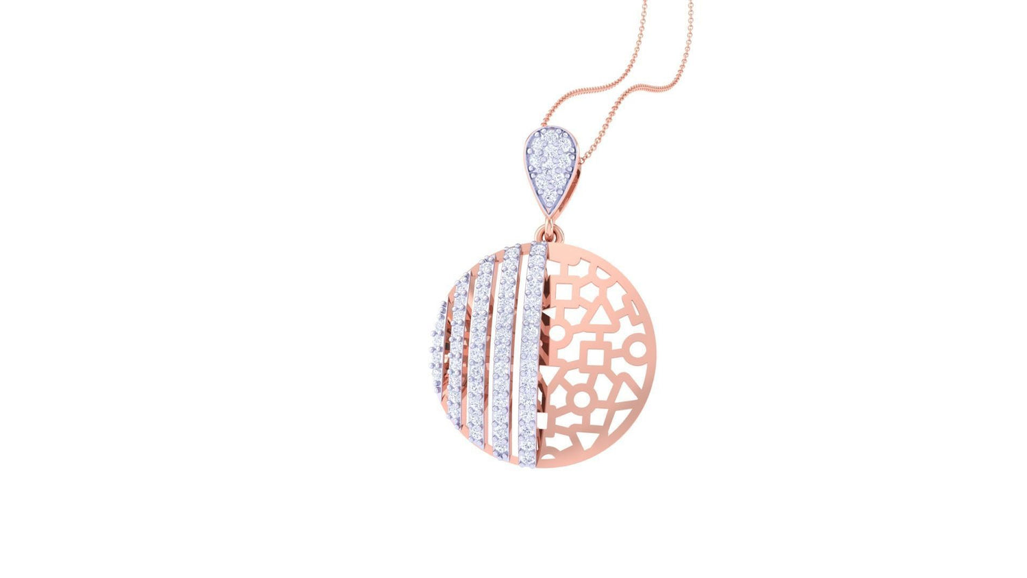 The Verity Diamond Pendant Set by Niraa includes a pendant and matching earrings in a rose gold circular design with intricate patterns. Each piece dazzles with rows of white stones, and the pendant hangs from a delicate chain, perfect for any occasion.