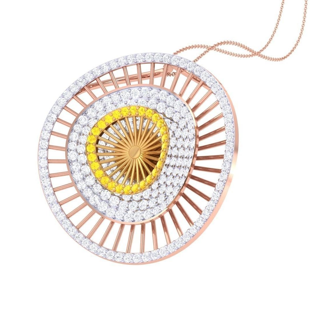 The Niraa Rosalind Diamond Pendant Set features a round pendant and matching earrings, each with a central gold element surrounded by intricate rose gold and silver lattice designs adorned with sparkling stones. The pendant hangs elegantly on a thin chain, adding timeless sophistication.